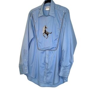 Vintage Rockmount Ranch Wear‎ Mens Blue Bib Front Stallion Western Shirt 16-32